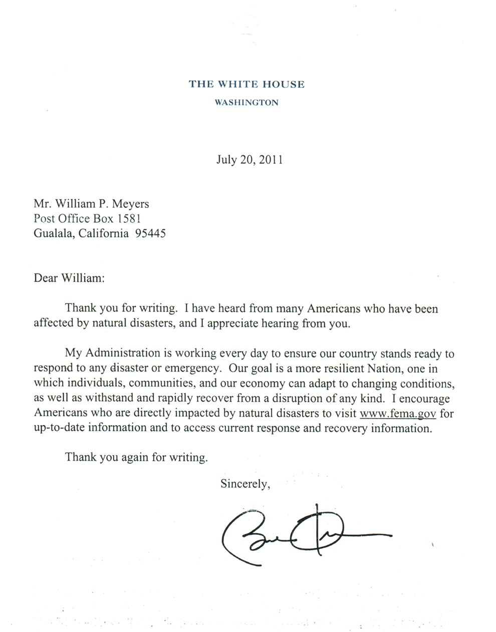 Barack Obama letter to William Meyers on nuclear energy